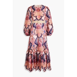 Belted paisley-print linen midi dress