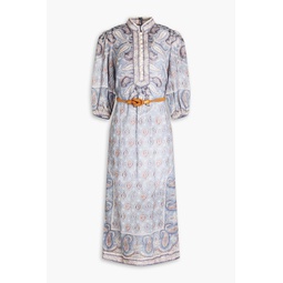 Belted paisley-print linen midi dress