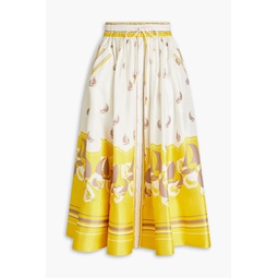 Snap-detailed printed silk-satin midi skirt