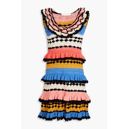 Tiered pompom-embellished crocheted cotton mini dress