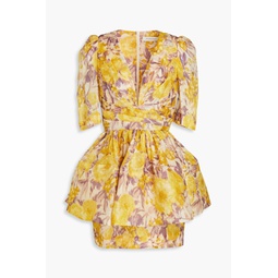 Layered floral-print linen and silk-blend peplum mini dress