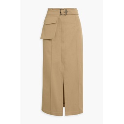 Belted cotton-blend gabardine midi skirt