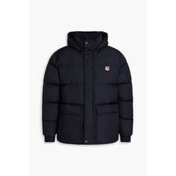 Logo-appliqued quilted shell hooded down jacket