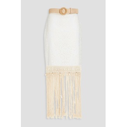 Belted fringed broderie anglaise cotton maxi skirt