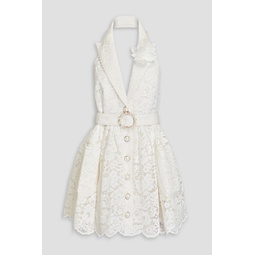 Embellished corded lace halterneck mini dress