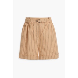 Belted striped cotton and linen-blend shorts