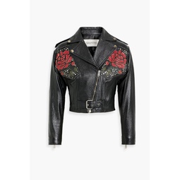 Cropped embellished leather biker jacket