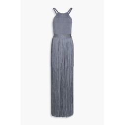 Fringed ribbed stretch-knit gown