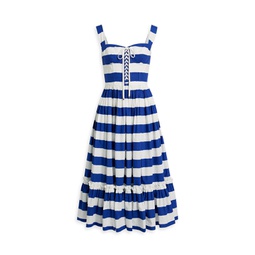 Lace-up striped cotton-poplin midi dress