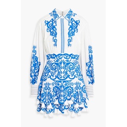 Loryn tasseled embroidered cotton-voile mini shirt dress