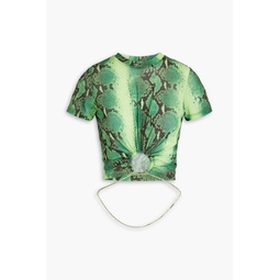 Nevra cropped embellished snake-print stretch-mesh top