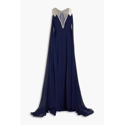 Cape-effect crystal-embellished crepe and chiffon gown
