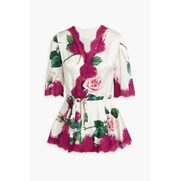 Lace-trimmed floral-print silk-blend satin wrap top