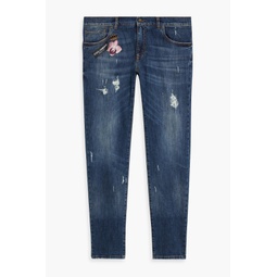Slim-fit embellished distressed denim jeans