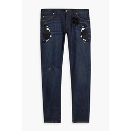 Slim-fit embellished distressed denim jeans