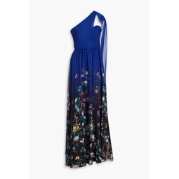 One-shoulder floral-print chiffon gown