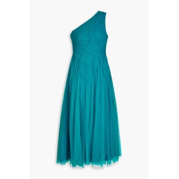 One-shoulder pintucked tulle midi dress