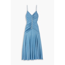 Crystal-embellished ruched metallic stretch-jersey maxi dress