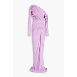 One-shoulder ruched satin-jersey gown