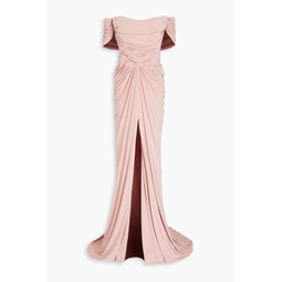 Off-the-shoulder draped satin-jersey gown