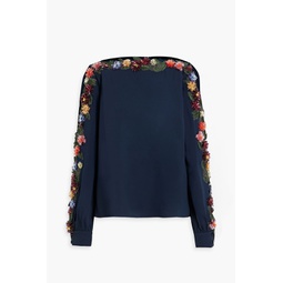 Tulle-trimmed embellished silk-blend crepe blouse