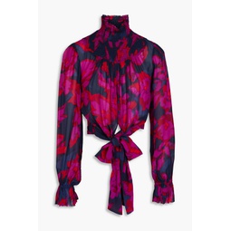 Kaija shirred printed crepe wrap blouse