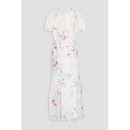 Fluted floral-print guipure lace midi dress