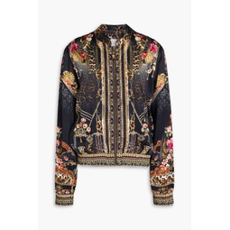 Crystal-embellished floral-print silk-satin bomber jacket