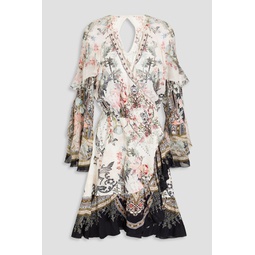 Embellished ruffled loral-print silk crepe de chine mini wrap dress