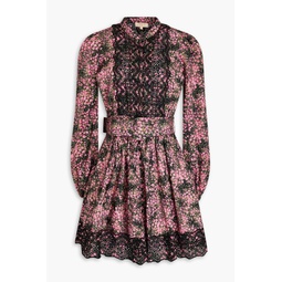 Broderie anglaise-trimmed floral print cotton mini dress