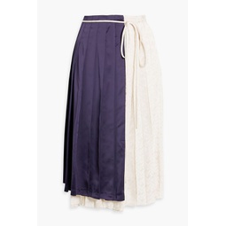 Pleated satin and jacquard midi wrap skirt