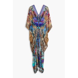 Crystal-embellished draped printed silk crepe de chine maxi dress