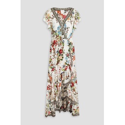 Embellished ruffled floral-print silk crepe de chine maxi wrap dress