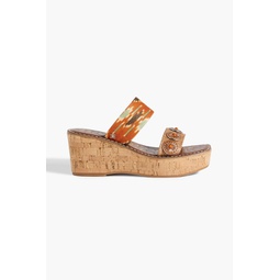 Abril embellished printed canvas and faux raffia wedge mules