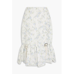 Buckle-detailed ruffled floral-print taffeta midi skirt