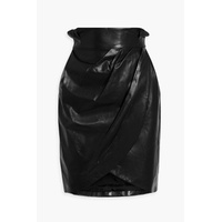 Wrap-effect pleated leather mini skirt