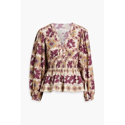 Emmery shirred printed cotton-poplin blouse