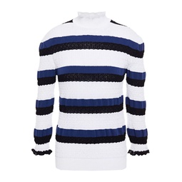 Ruffle-trimmed striped crochet-knit cotton-blend sweater