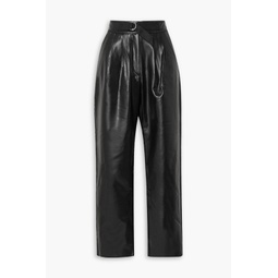 Belted pleated faux leather straight-leg pants