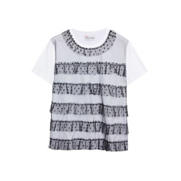 Tulle-trimmed ruffled glittered cotton-jersey top