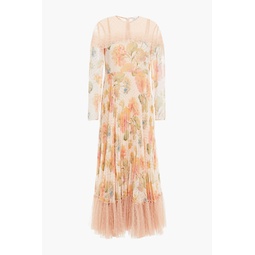 Pleated floral-print georgette, lace and point desprit midi dress