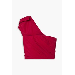 One-shoulder cropped draped coated-poplin top
