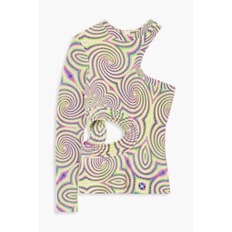 One-sleeve cutout printed stretch-jersey top