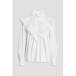 Broderie anglaise-paneled gathered cotton-poplin top