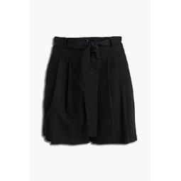 Belted pleated cotton-blend shorts