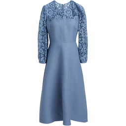 Lace-paneled wool and silk-blend crepe midi dress