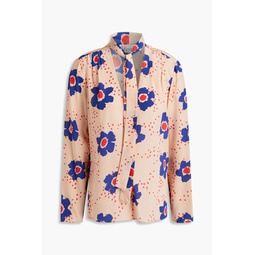 Pussy-bow floral-print silk crepe de chine blouse
