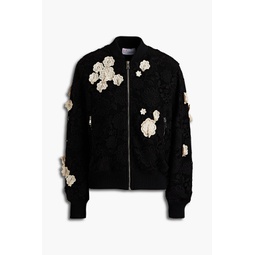 Floral-appliqued guipure lace bomber jacket