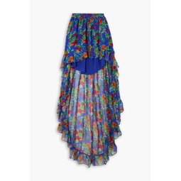 Della asymmetric ruffled floral-print silk-chiffon maxi skirt