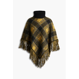 Fringed checked knitted poncho